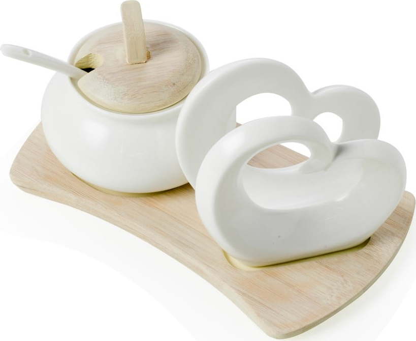 Sada cuřenky a držáku na ubrousky z porcelánu a bambusu Brandani Double Heart Brandani