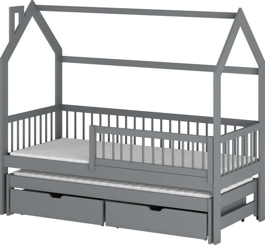Šedá domečková dětská postel s úložným prostorem 80x180 cm Papi - Lano Meble Lano Meble