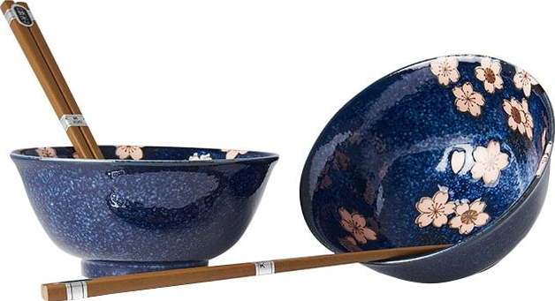Set 2 modrých keramických misek a jídelních hůlek MIJ Pink Sakura MIJ