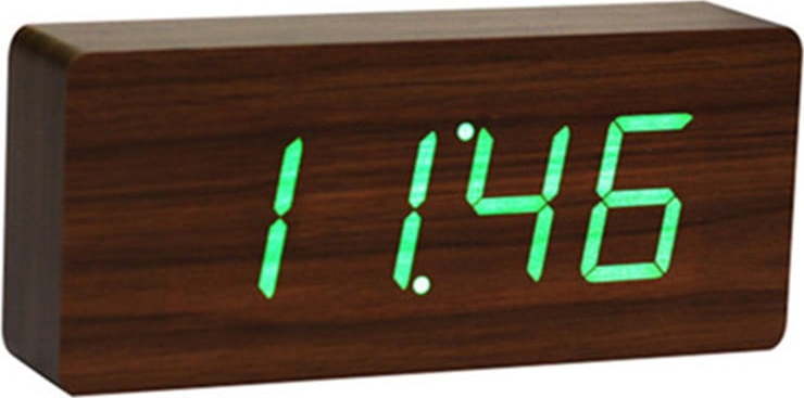 Tmavě hnědý budík se zeleným LED displejem Gingko Slab Click Clock Gingko