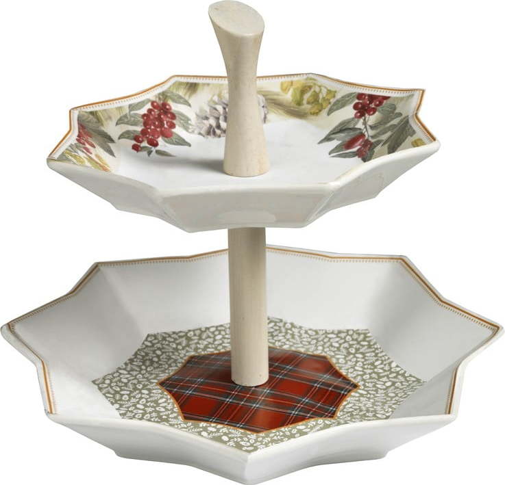 Porcelánový dvoupatrový etažér s vánočním motivem Brandani Alzata Sottobosco Brandani