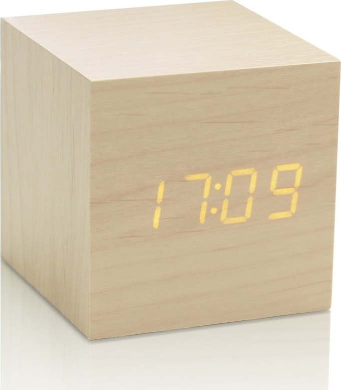 Světle béžový budík se žlutým LED displejem Gingko Cube Click Clock Gingko