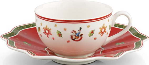 Červeno-bílý porcelánový hrnek s podšálkem s vánočním motivem Villeroy & Boch