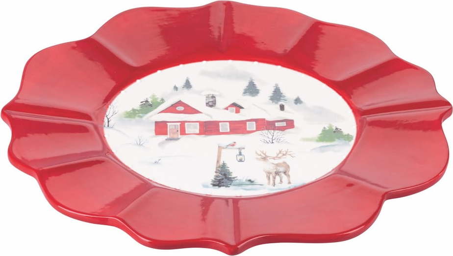 Červeno-bílý vánoční servírovací talíř z dolomitu ø 29 cm Winter Village - Villa d'Este Villa d'Este