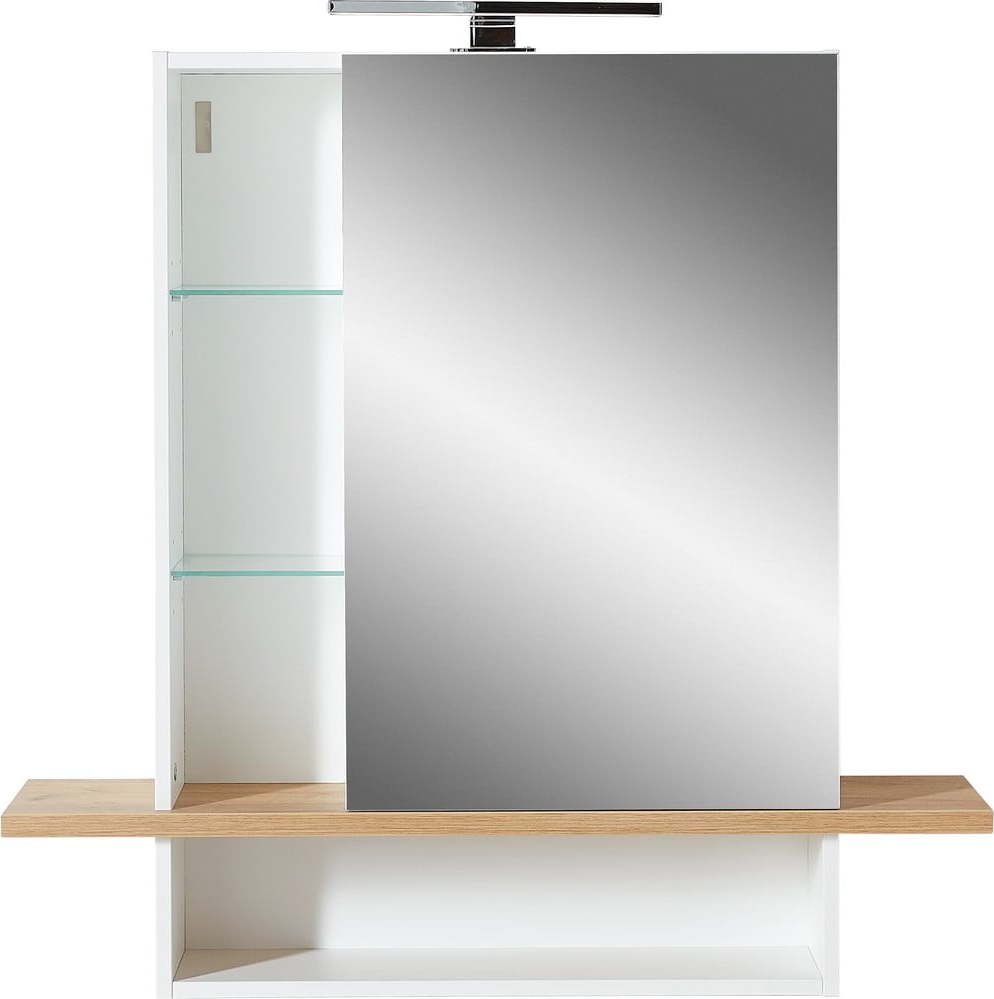 Bílá závěsná koupelnová skříňka se zrcadlem v dekoru dubu 90x91 cm Novolino - Germania Germania