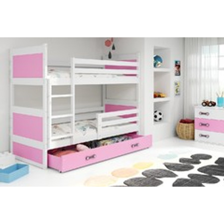 Dětská patrová postel s výsuvnou postelí RICO 200x90 cm Růžová Bílá BMS
