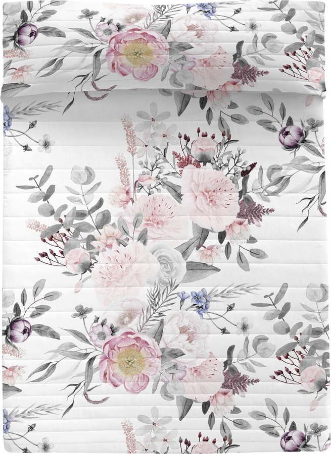 Bílo-růžový bavlněný prošívaný přehoz 180x260 cm Delicate bouquet – Happy Friday Happy Friday