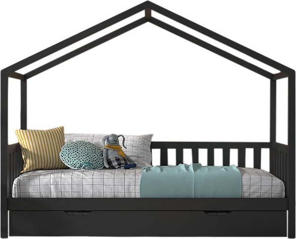 Antracitová domečková dětská postel z borovicového dřeva s výsuvným lůžkem a úložným prostorem 90x200 cm DALLAS – Vipack Vipack