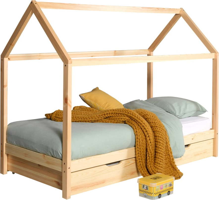 Domečková dětská postel z borovicového dřeva s výsuvným lůžkem a úložným prostorem v přírodní barvě 90x200 cm DALLAS – Vipack Vipack
