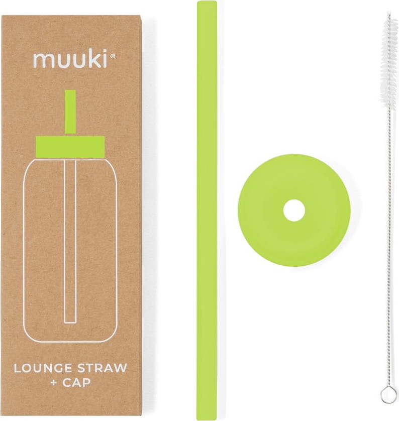 Silikonové brčko s čistícím kartáčkem/s víčkem Electric Lime – Muuki MUUKI