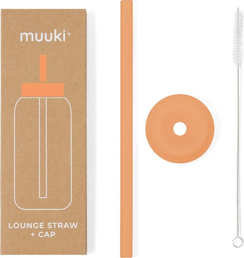 Silikonové brčko s čistícím kartáčkem/s víčkem Tropical Papaya – Muuki MUUKI