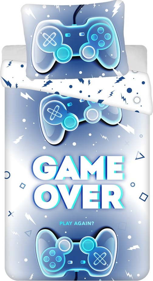 Bílo-modré bavlněné dětské povlečení na jednolůžko 140x200 cm Game over – Jerry Fabrics Jerry Fabrics