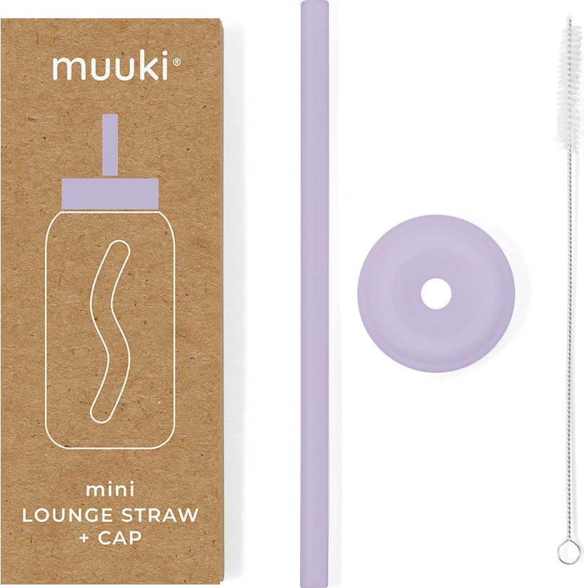 Silikonové brčko s čistícím kartáčkem/s víčkem Pastel Lilac – Muuki MUUKI