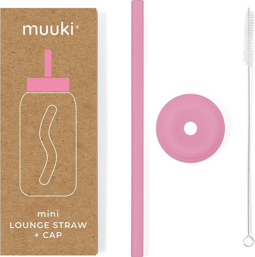 Silikonové brčko s čistícím kartáčkem/s víčkem Flamingo Pink – Muuki MUUKI