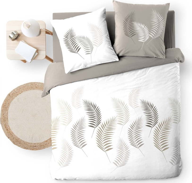 Bílé/taupe bavlněné povlečení na dvoulůžko/prodloužené 240x220 cm Goyave – douceur d'intérieur Douceur d intérieur