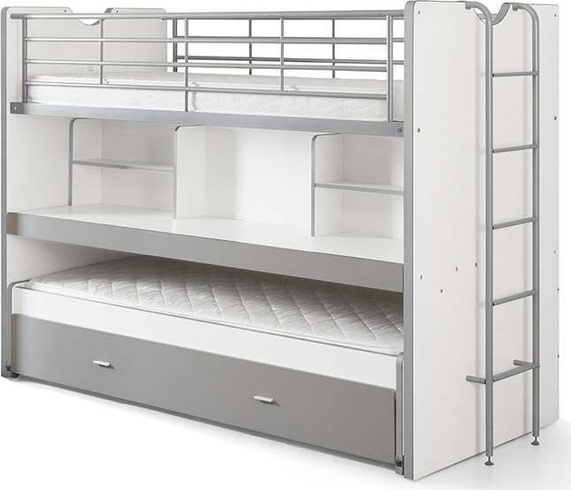 Bílo-šedá patrová dětská postel s výsuvným lůžkem s úložným prostorem s roštem 90x200 cm Bonny – Vipack Vipack